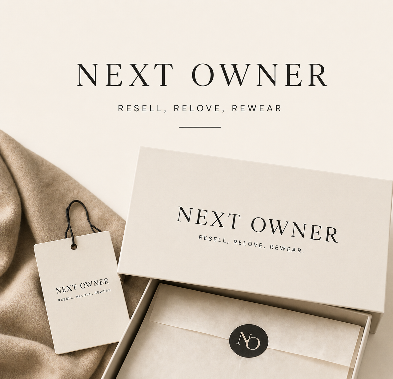 NEXT OWNER flat lay on cream: open gift box with tissue and monogram seal, camel knit fabric with branded hangtag, and NEXT OWNER — Fashion, recirculated.