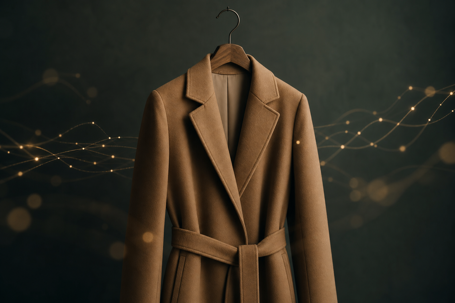 Tailored camel coat on a wooden hanger against a deep softly lit backdrop, threads of warm light drifting across the frame.