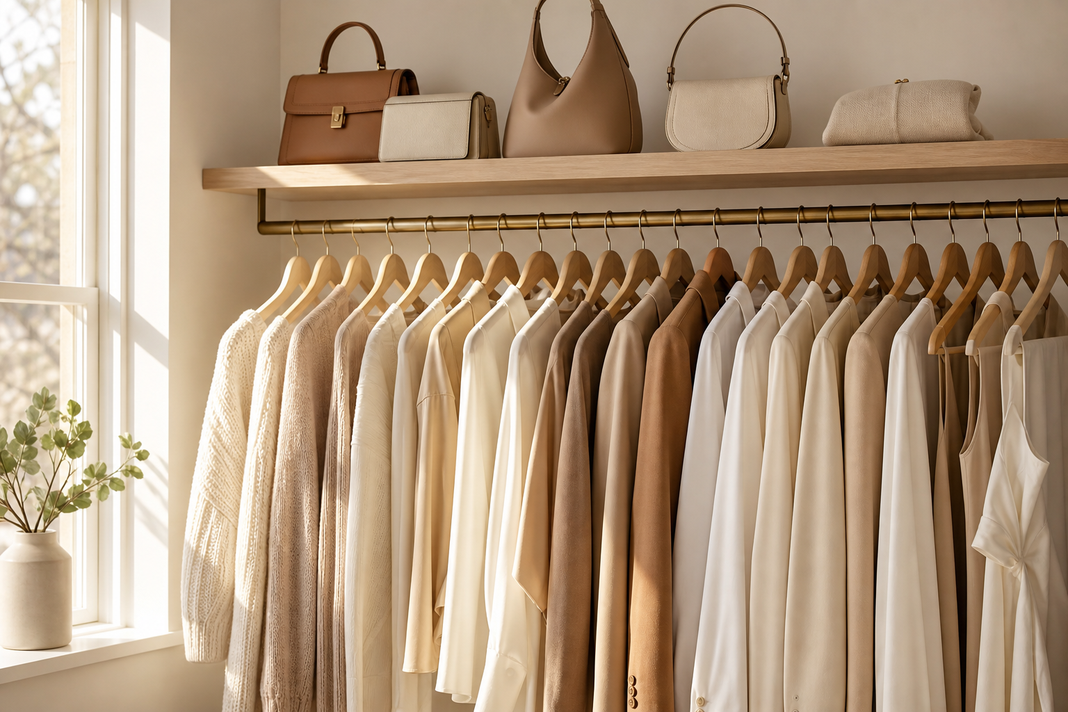 Curated wardrobe rail of neutral-toned designer clothing on wooden hangers with luxury handbags on the shelf above.