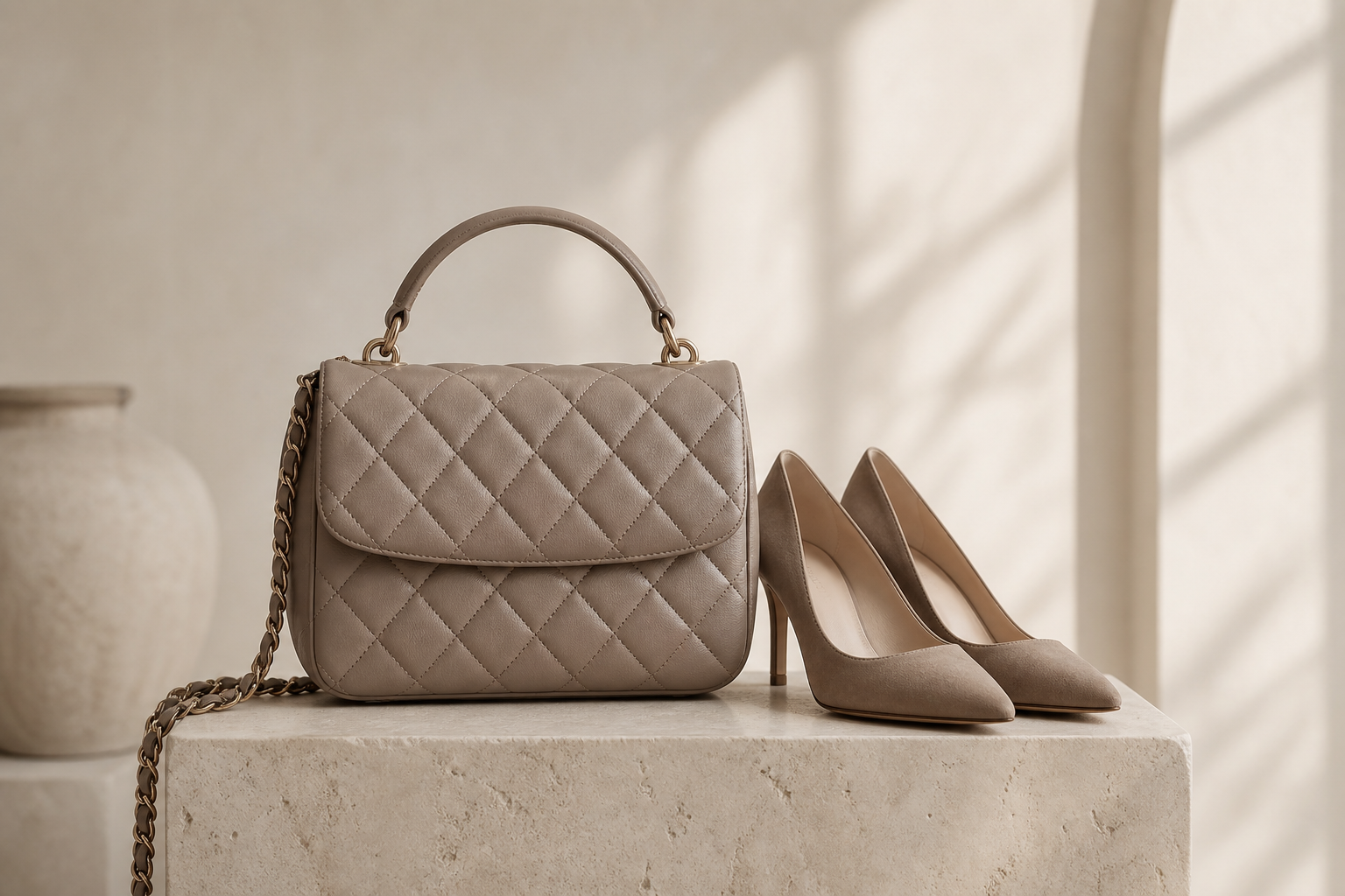 Quilted taupe designer handbag and suede heels presented on a stone pedestal in soft daylight.